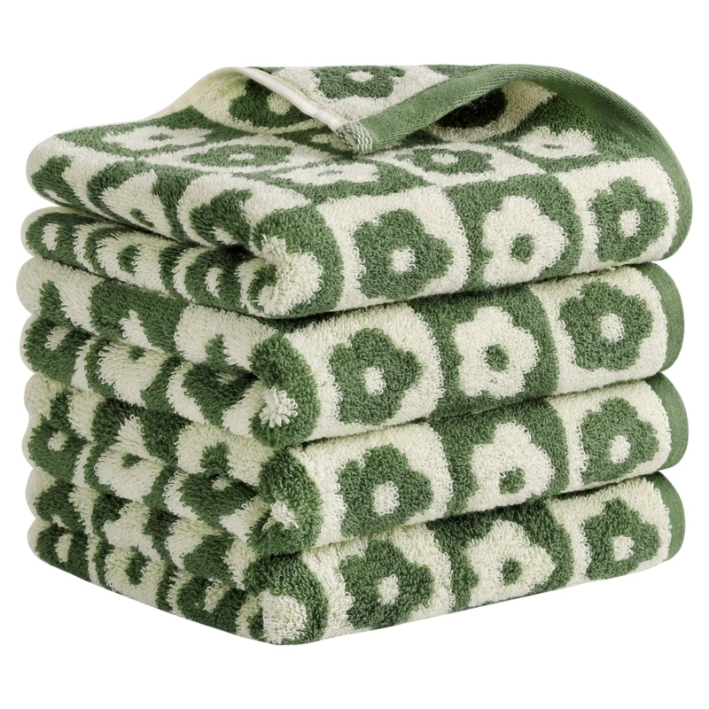 Hand Towel Checkered Floral Grid Sage Green Looped Terry Retro