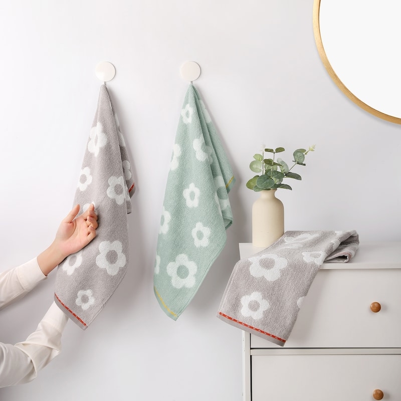 Hand Towel Daisy Motif Contrast Hem Pastel Palette Heather Gray