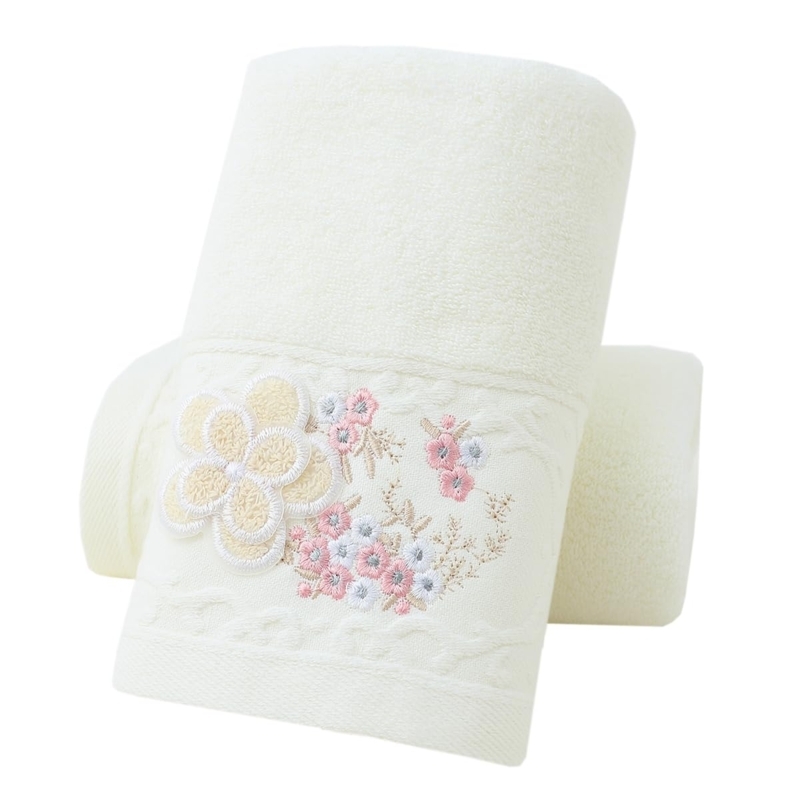 Hand Towel Floral Embroidery Textured Border Ivory Cottagecore Guest
