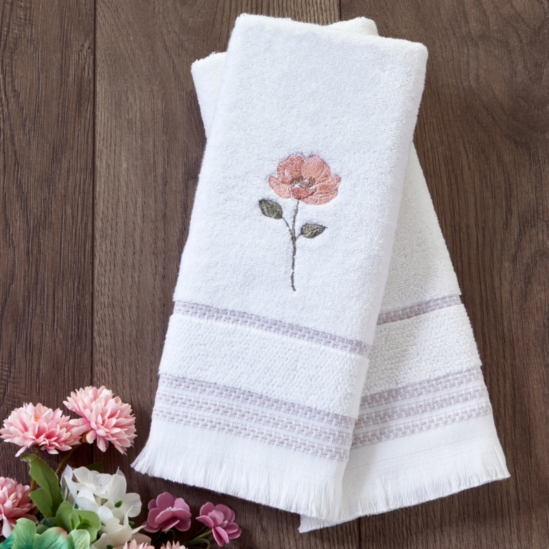 Hand Towel Fringed Edge Woven Border Dusty Rose Floral Embroidery