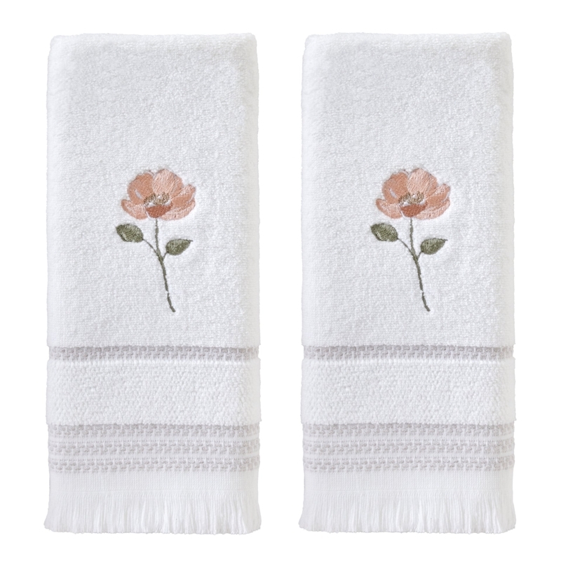 Hand Towel Fringed Hem Basketweave Border Peach Flower Embroidery