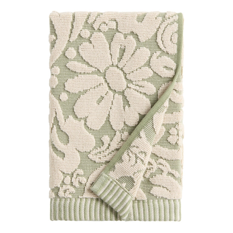 Hand Towel High Low Pile Sculpted Floral Laurel Green Botanical