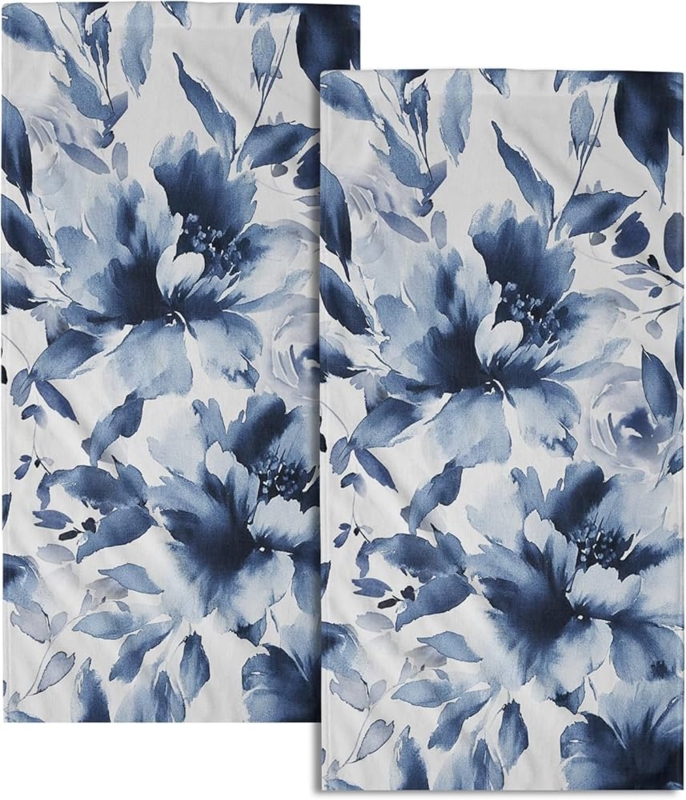 Hand Towel Indigo Watercolor Floral Ink Wash Design Botanical Navy