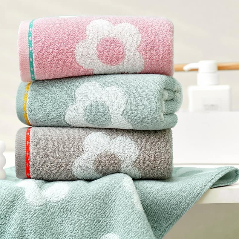 Hand Towel Large Daisy Pattern Muted Pastels Border Stripes Sage