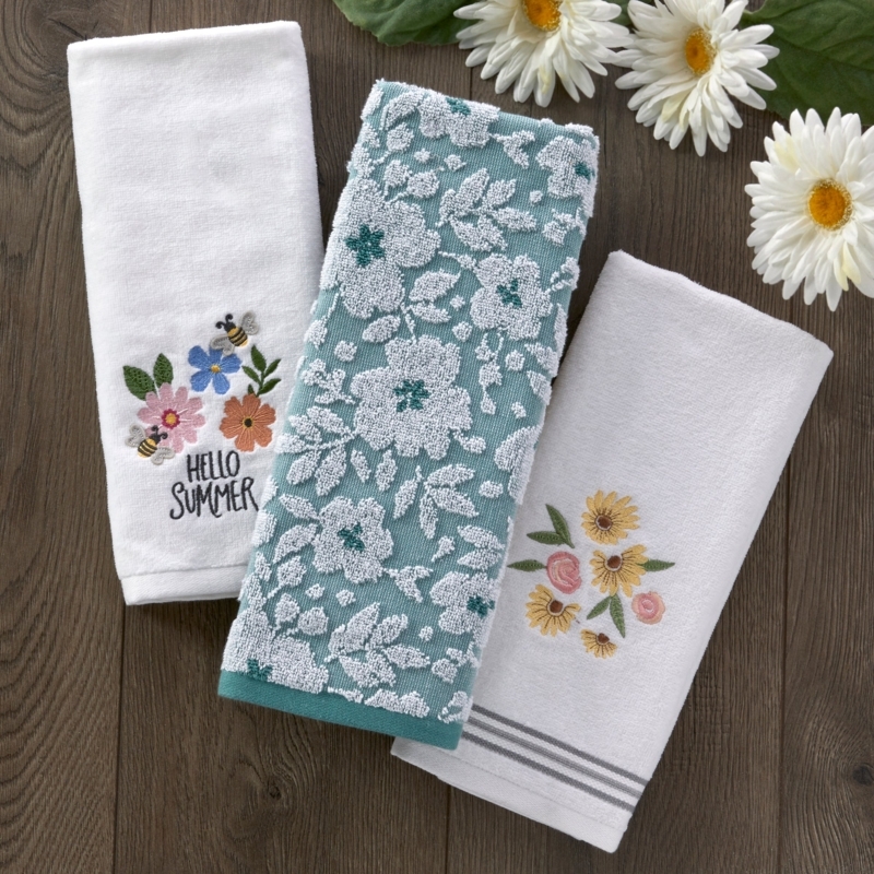 Hand Towel Moss Green Jacquard Hello Summer Embroidery Floral Set