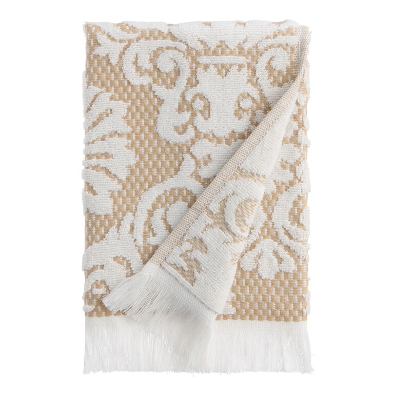 Hand Towel Sculpted Pile Damask Pattern Fringe Trim Beige Floral