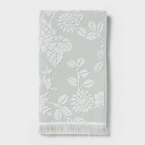 Hand Towel Textured Floral Motif Fringed Edge Pale Sage Jacquard