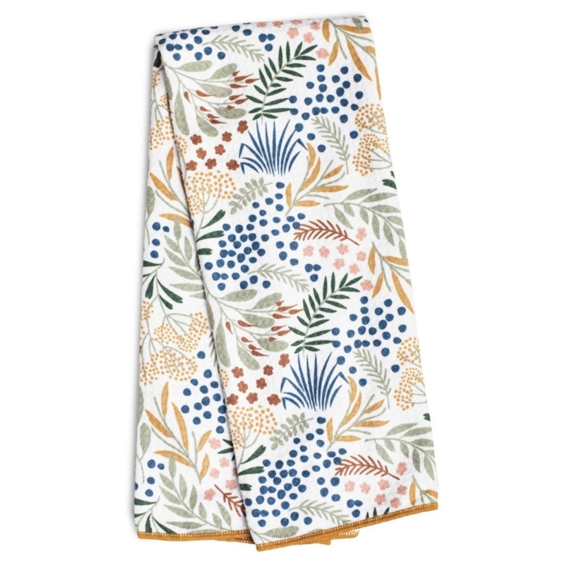 Hand Towel Waffle Texture Botanical Print Ochre Serged Hem Leaf