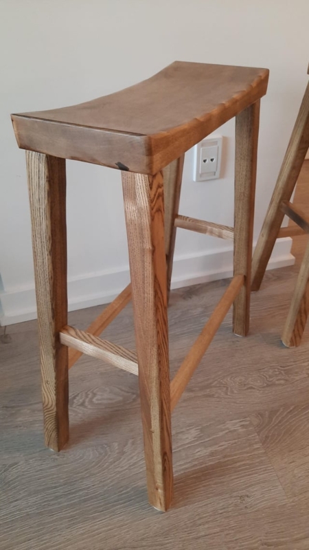 Handcrafted Saddle Seat Bar Stool with Visible Ash Wood Grain