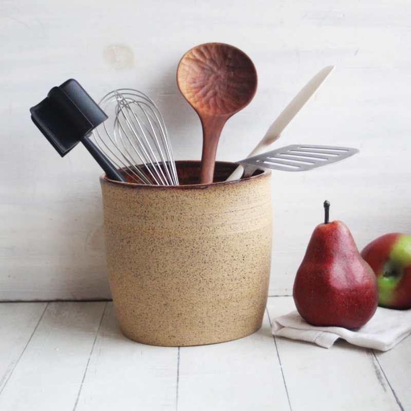 Handcrafted Stoneware Utensil Crock with Raw Stone Texture