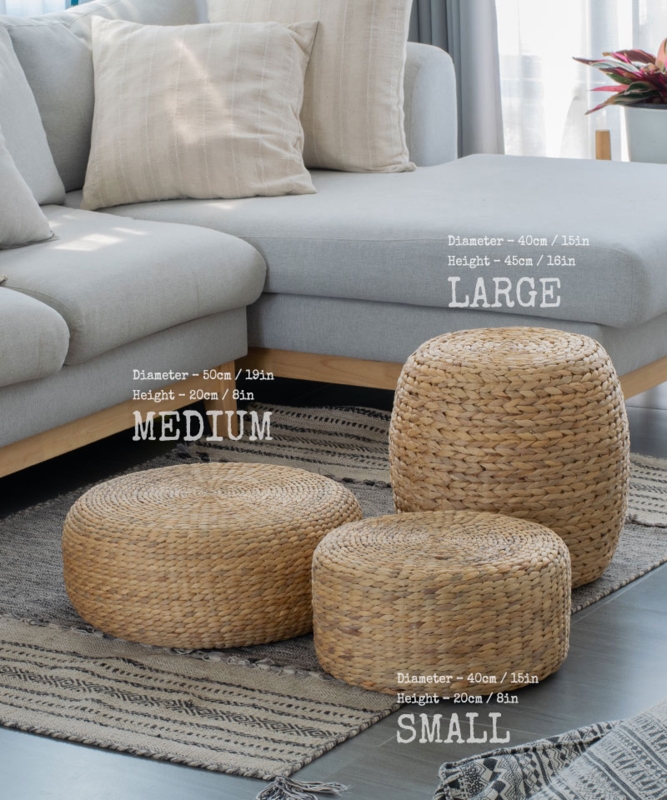 Handwoven Water Hyacinth Ottoman Pouf in Cylindrical Drum Shape