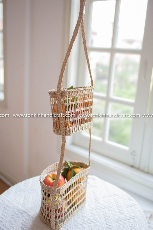 Hanging Basket Woven Seagrass Two Tiered Open Weave Braided Straps