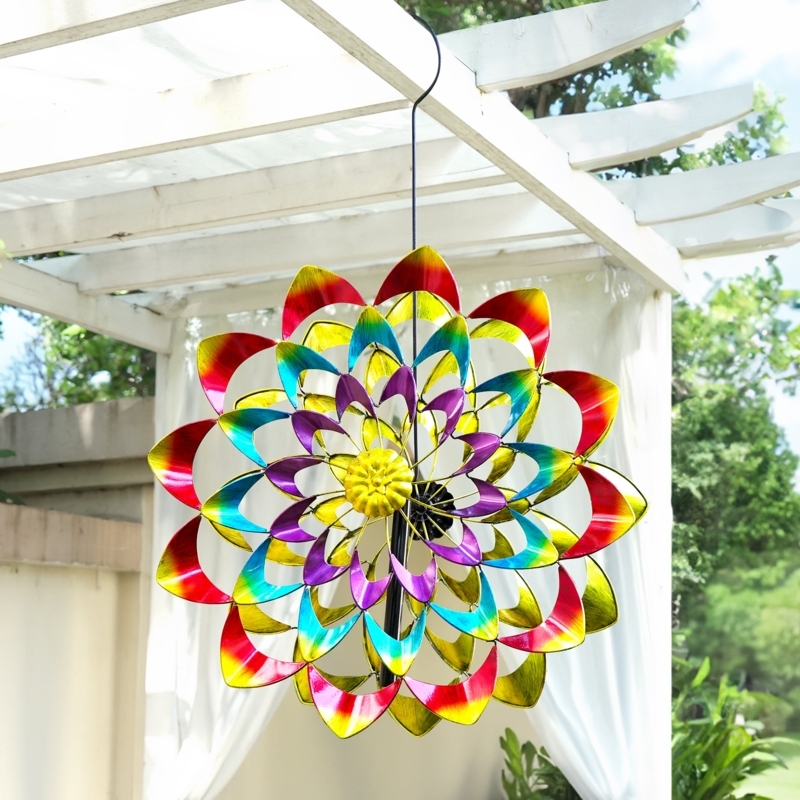 Hanging Wind Spinner Rainbow Zinnia Design Multi Layered Petals