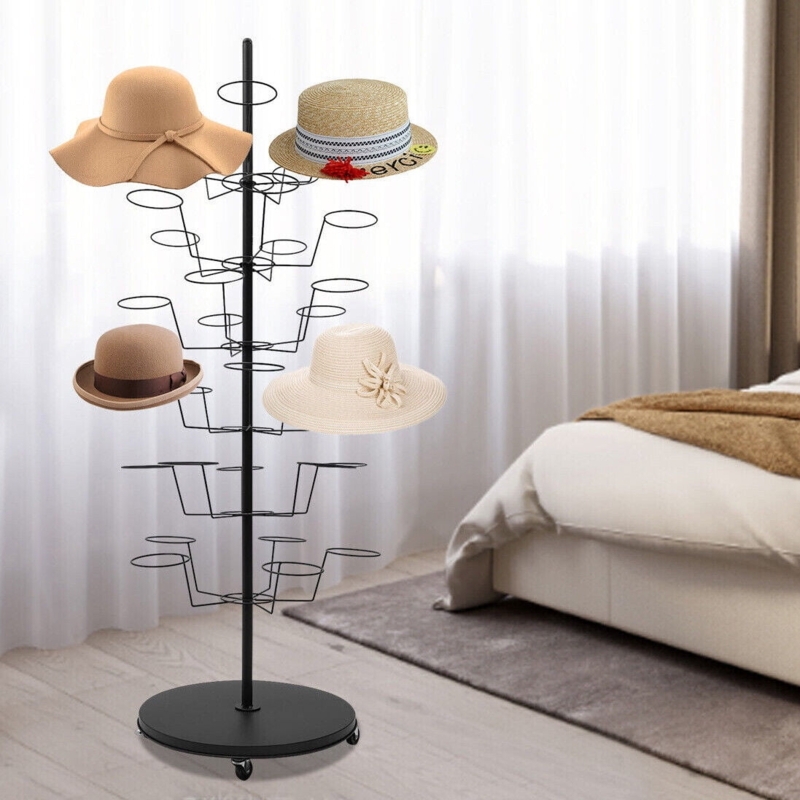 Hat Display Rack 6-Tier Wire Hooks Mobile Black Tower