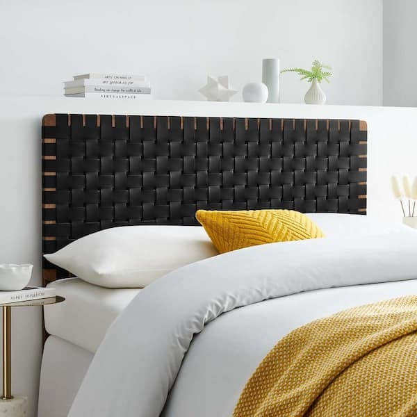 Headboard, Black Basketweave Pattern, Walnut Frame, Mid-Century Modern.