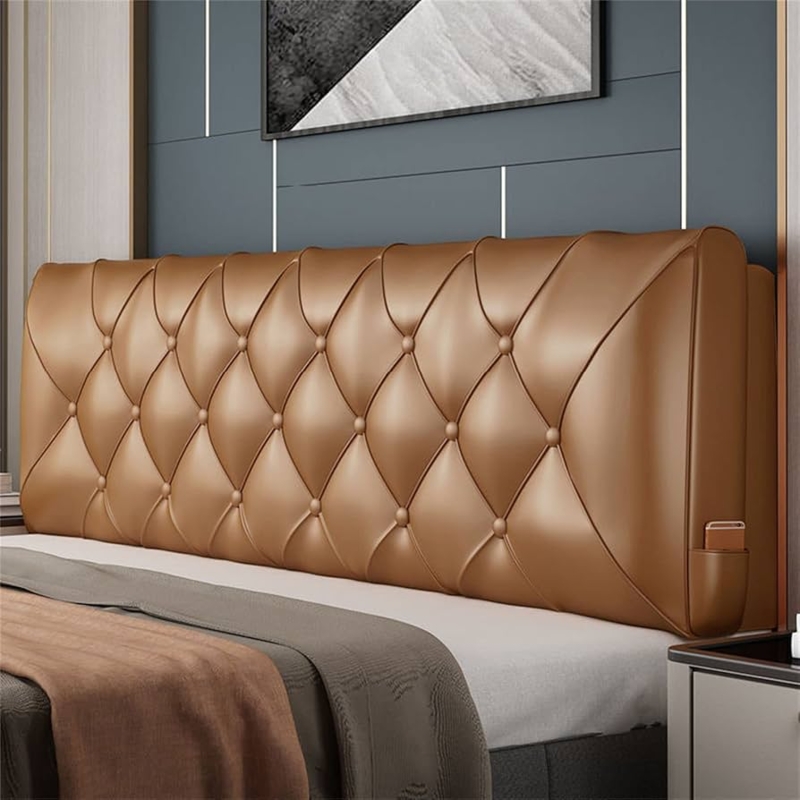 Headboard Cushion, Integrated Side Pocket, Diamond Tufting, Camel Tan.