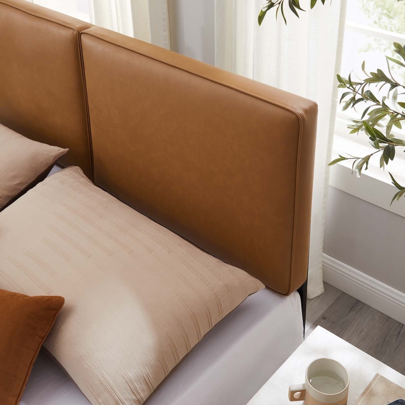 Headboard, Dual cushion design, Welted Piping, Tan Vegan Leather.