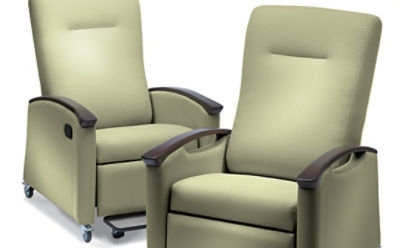 Healthcare Recliner Chair, Wood Toned Armcaps, Sage Green, Mobile Casters.