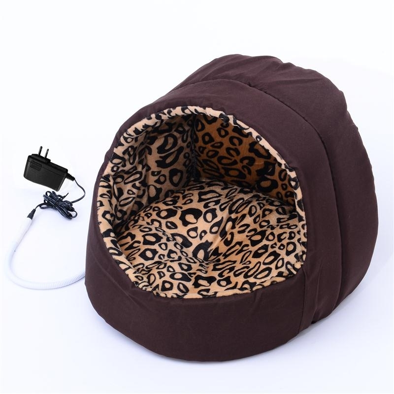 Heated Hooded Pet Bed Espresso Brown Leopard Print Cave
