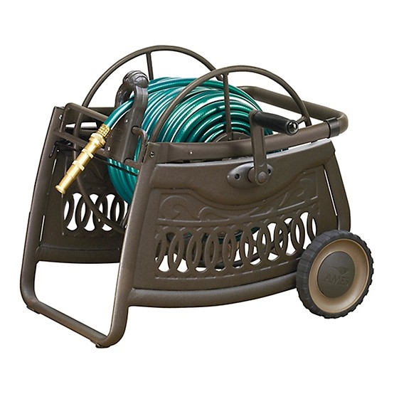 Heavy Duty Bronze Hose Cart: Tubular Handle, Large Rear Wheels