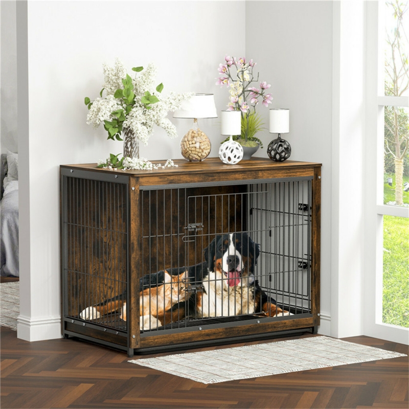 Heavy Duty Dog Crate Furniture Walnut Top Wire Mesh Walls Latches