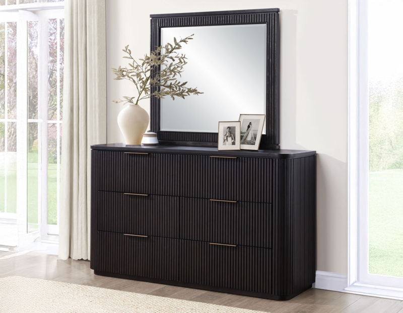 Henry 65 6-Drawer Reeded Dresser and Mirror, Espresso Finish