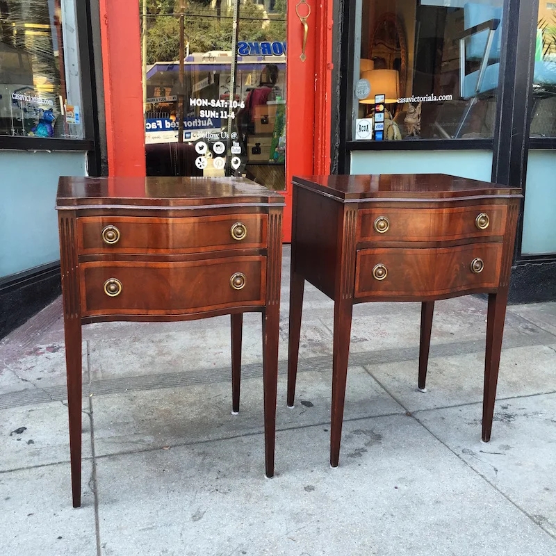 Hepplewhite Style Nightstands with Bow Front and Brass Ring Pulls