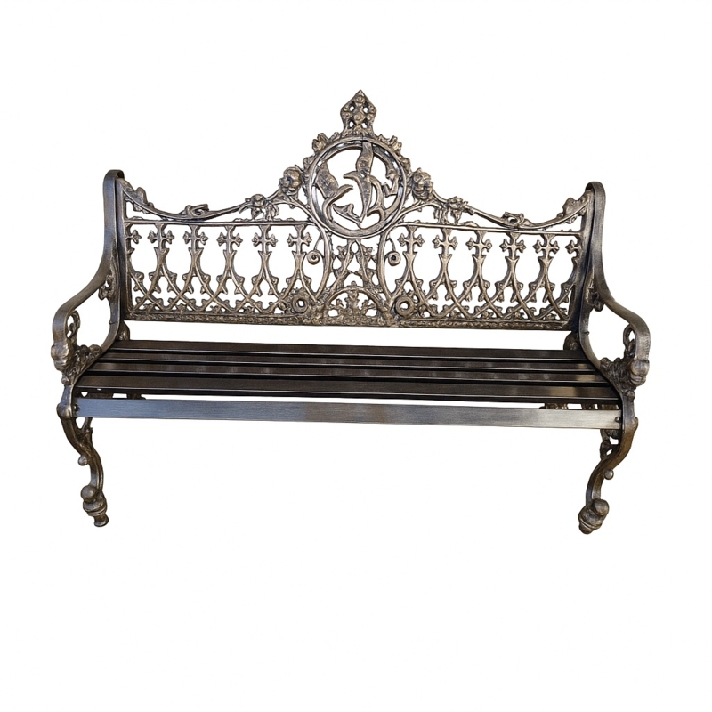 Heraldic Medallion Garden Bench Antique Bronze Gothic Arch