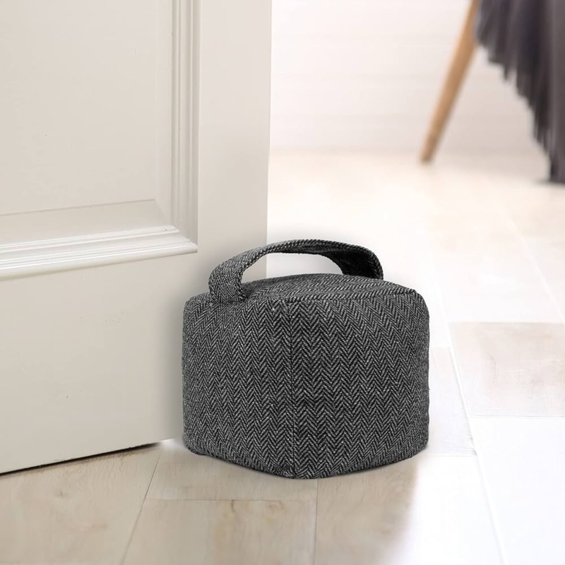 Herringbone Fabric Door Stop Salt and Pepper Grey Integrated Handle