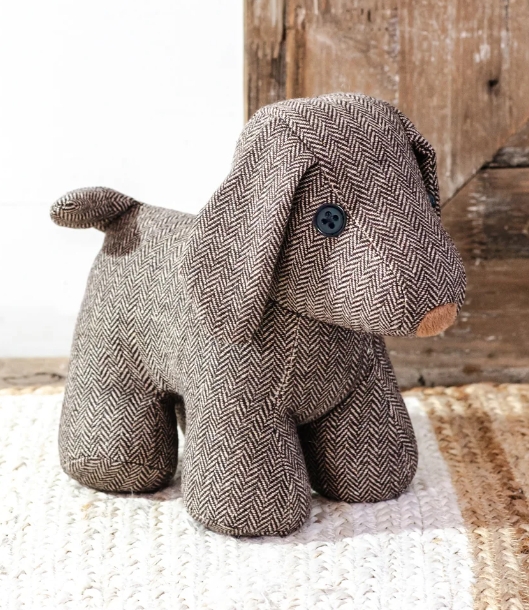 Herringbone Puppy Doorstop Chocolate Brown Fabric Weighted Floppy Ears