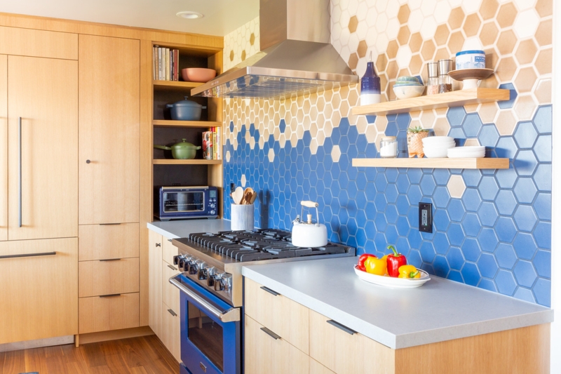 Hexagon Tile Backsplash Blue Ombre Pattern with Wood Cabinetry