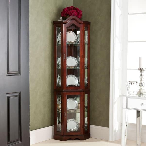 Hexagonal Corner China Cabinet in Mahogany Finish with Arched Crown