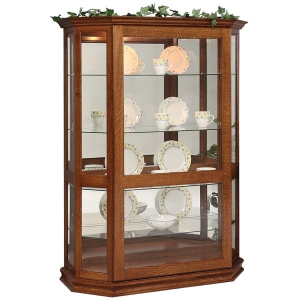Hexagonal Display Cabinet in Honey Brown with Angled Sides