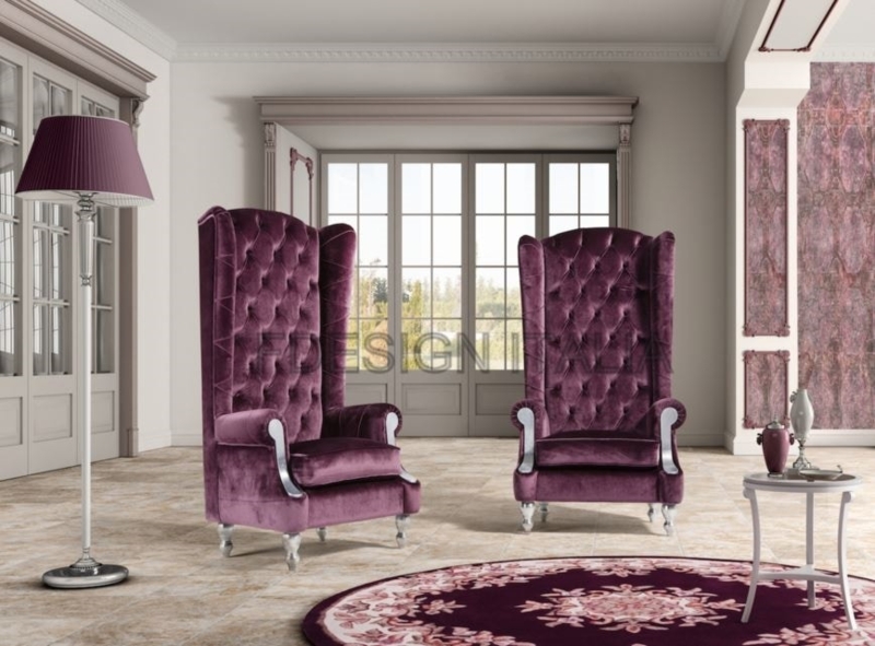 High Back Armchair Deep Purple Velvet Silver Cabriole Legs Luxury