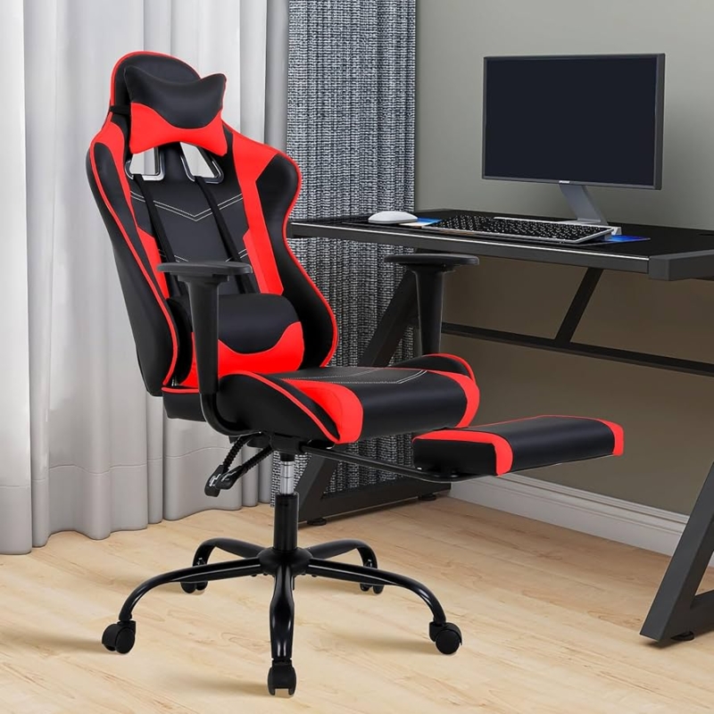 High-Back Gaming Chair in Red and Black Contrast with Extendable Footrest