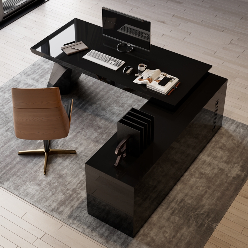 High Gloss Black Desk with Geometric Base and Integrated Storage Cabinet