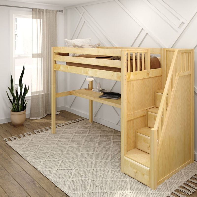 High Loft Bed with Integrated Desk and Storage Stairs