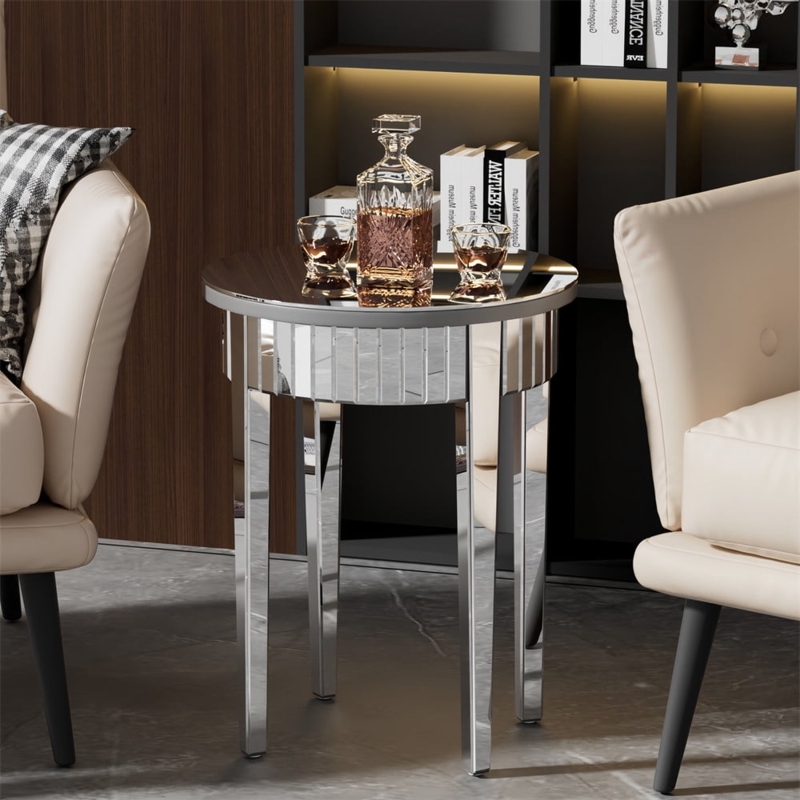 High-Shine Round Mirrored End Table Faceted Apron Tapered Legs Regency