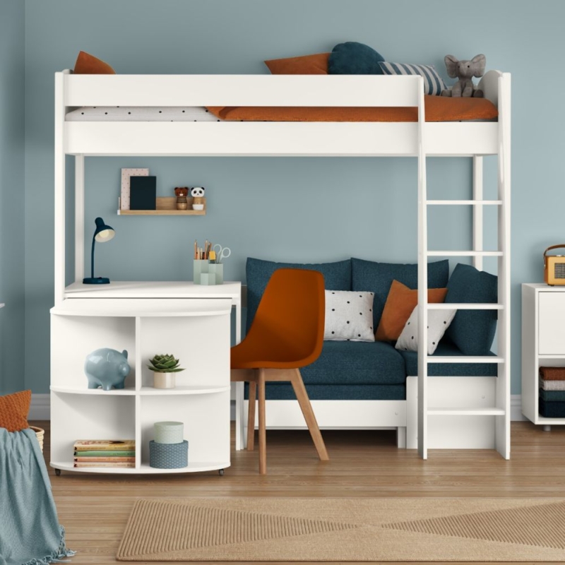 High Sleeper Bed Crisp White Corner Sofa Rotating Shelving Blue