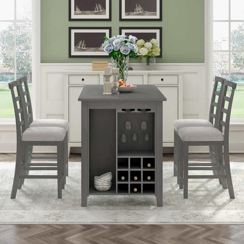 High-Top Dining Set with Slate Grey Finish and Ladder Back Bar Stools