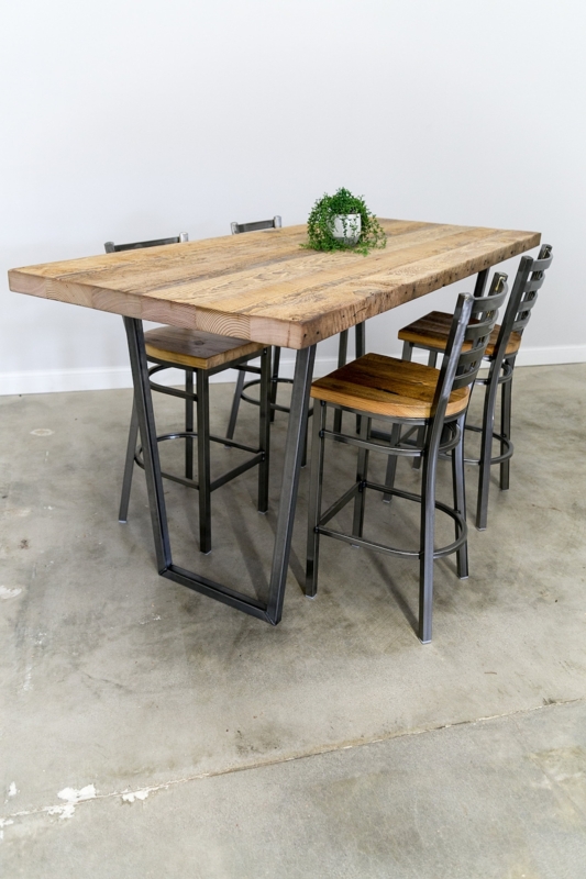 High Top Table Set Trapezoidal Legs Thick Plank Top Brooklyn Base