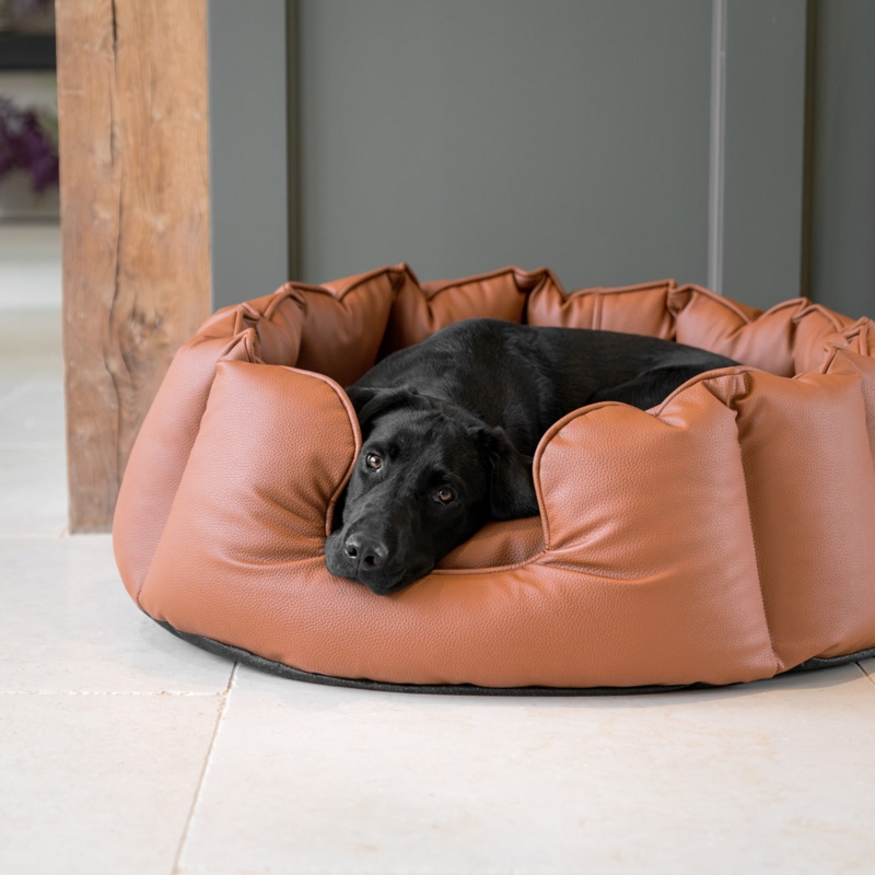High Wall Dog Bed in Cognac Faux Leather with Pleated Rim