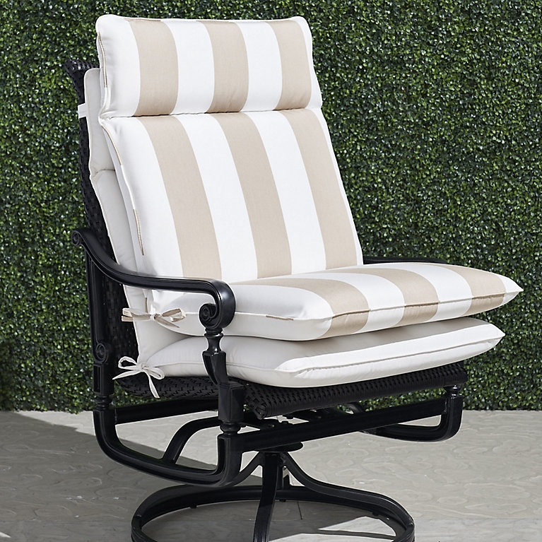 Highback Outdoor Cushion: Warm Beige Cabana Stripes, Self Ties