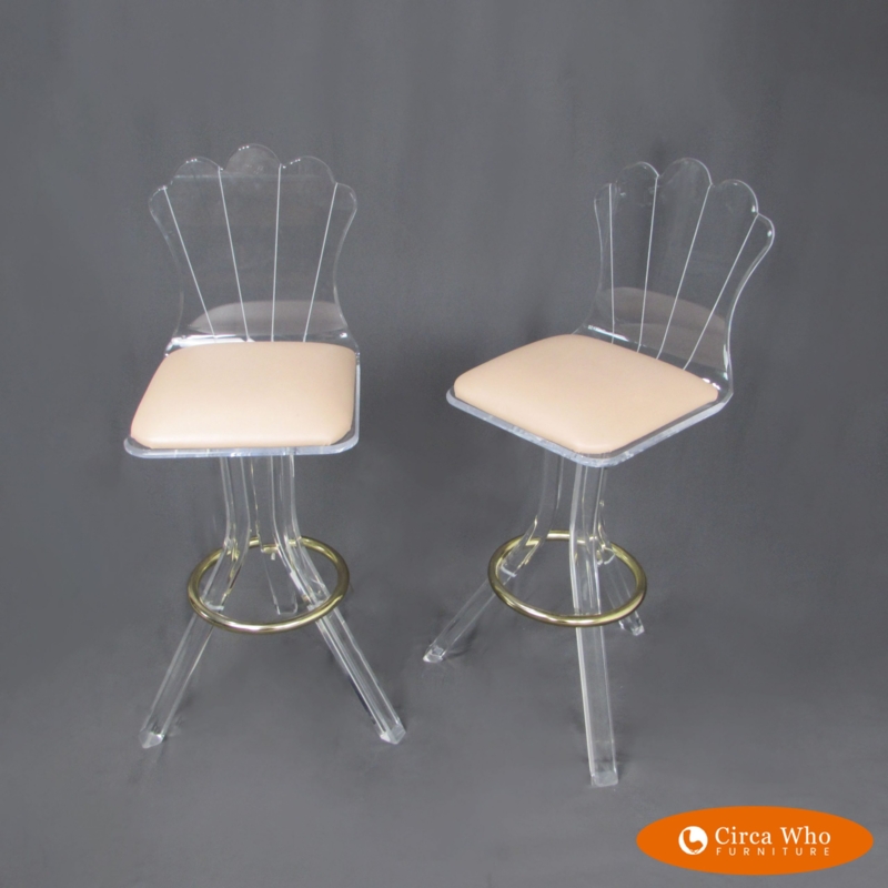 Hollywood Regency Bar Stool Scalloped Back Brass Footrest Acrylic