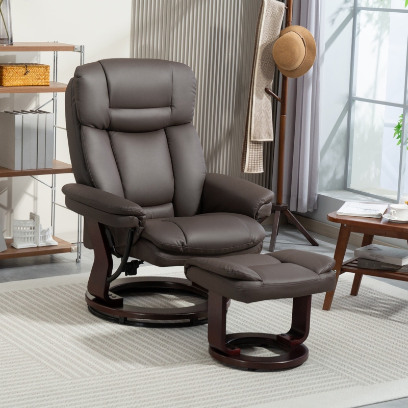 HOMCOM Dark Brown Swivel Recliner with Ottoman, PU Leather Reclining Chair with Footrest for Living Room, Bedroom