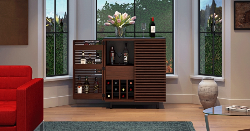 Home Bar Cabinet Walnut with Horizontal Louvers & Slim Profile