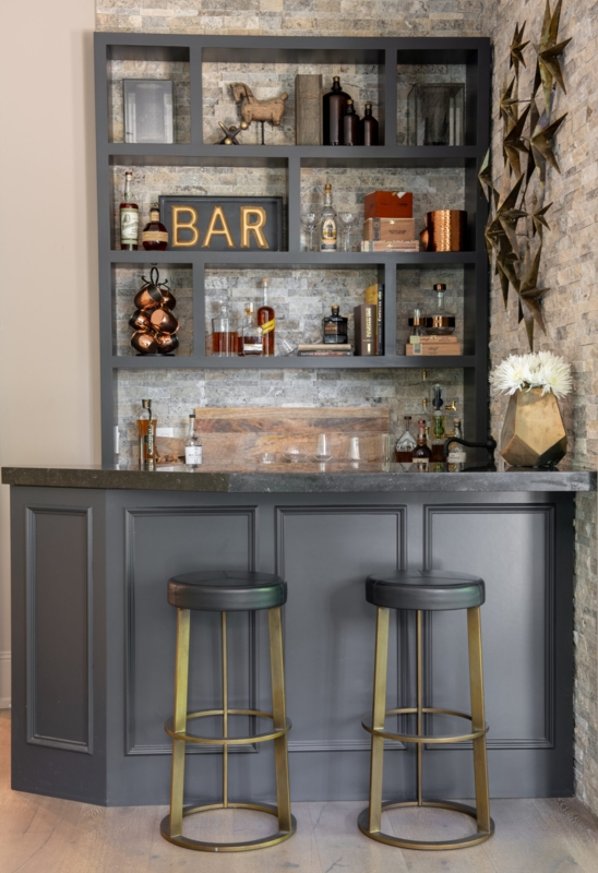 Home Bar Charcoal Panelling Stacked Stone Marquee Lighting