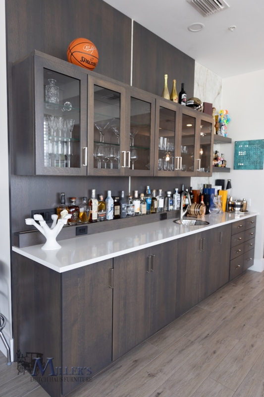 Home Bar Custom with Glass Upper Cabinets & Integrated Sink
