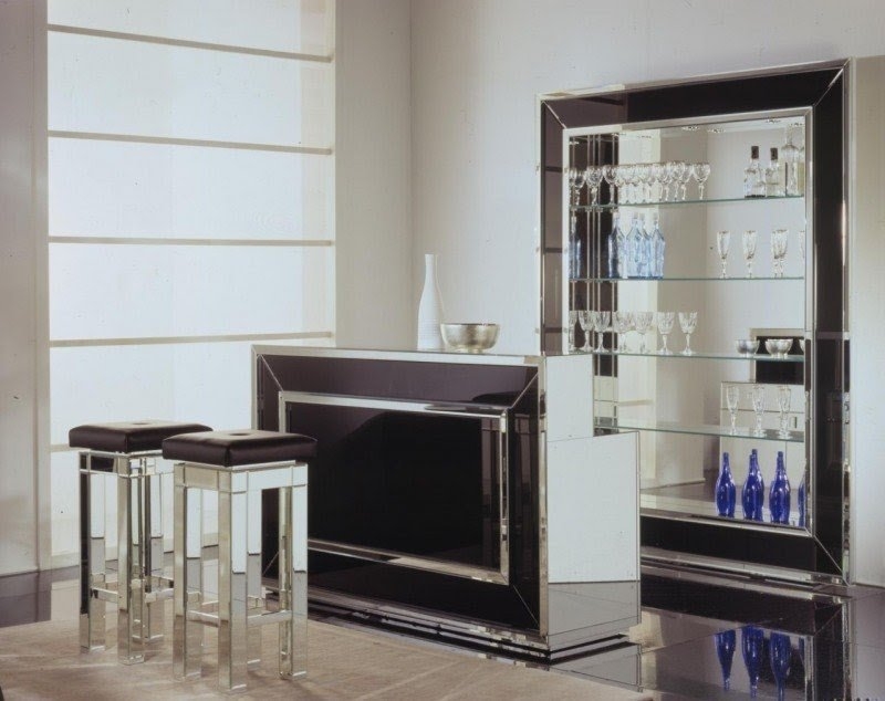 Home Bar Set Beveled Mirrored Panels Inset Black Glass Glam Style