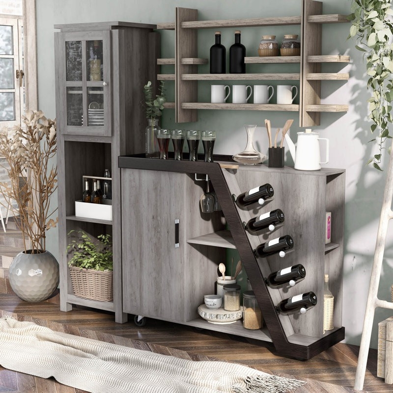 Home Bar Set Grey Oak Modular with Angled Wine Display